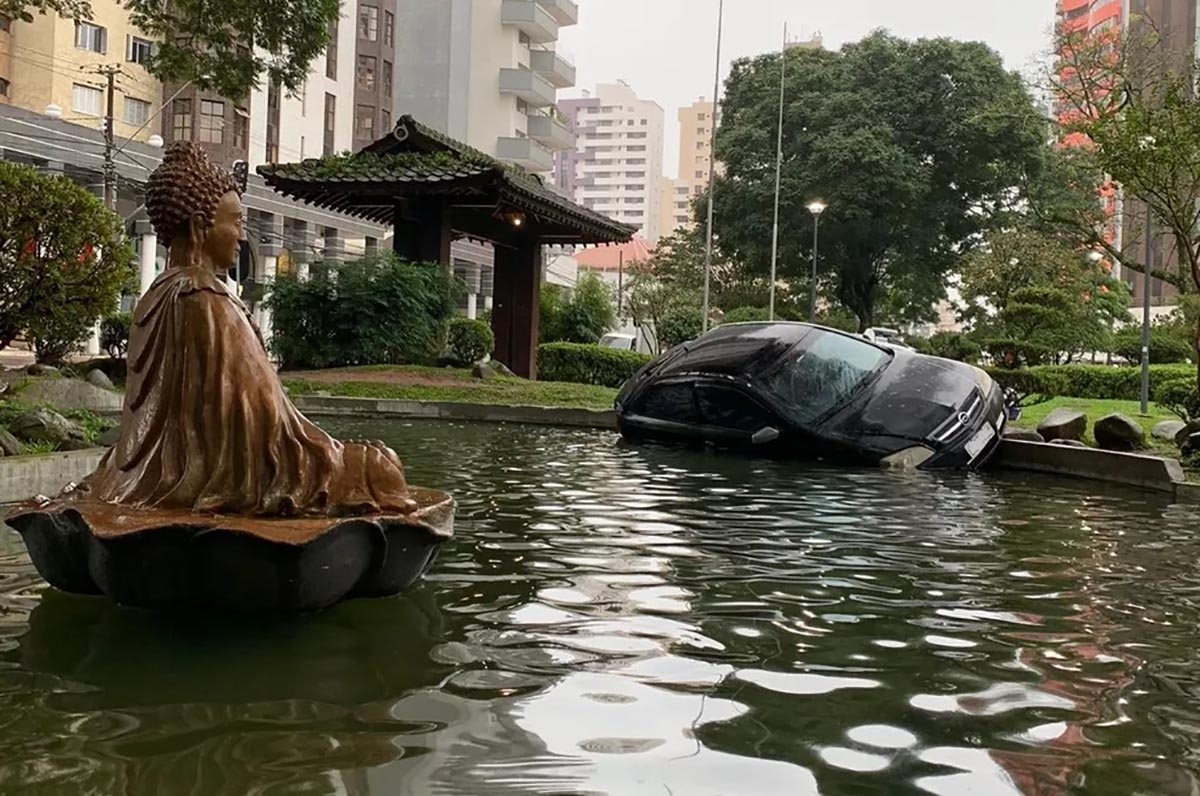 Motorista invade cartão postal de Curitiba e carro afunda em lago de carpas
