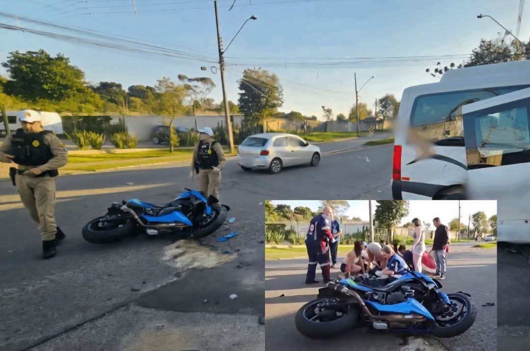 MOTOCICLISTA PERDE O PÉ APÓS EMPINAR MOTO E BATER DE FRENTE COM VAN EM CURITIBA.