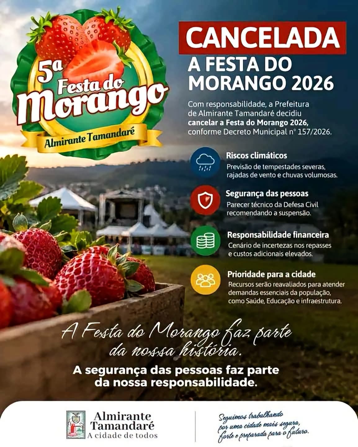 PREFEITURA DIVULGA DECRETO QUE CANCELA A FESTA DO MORANGO 2026 EM ALMIRANTE TAMANDARÉ